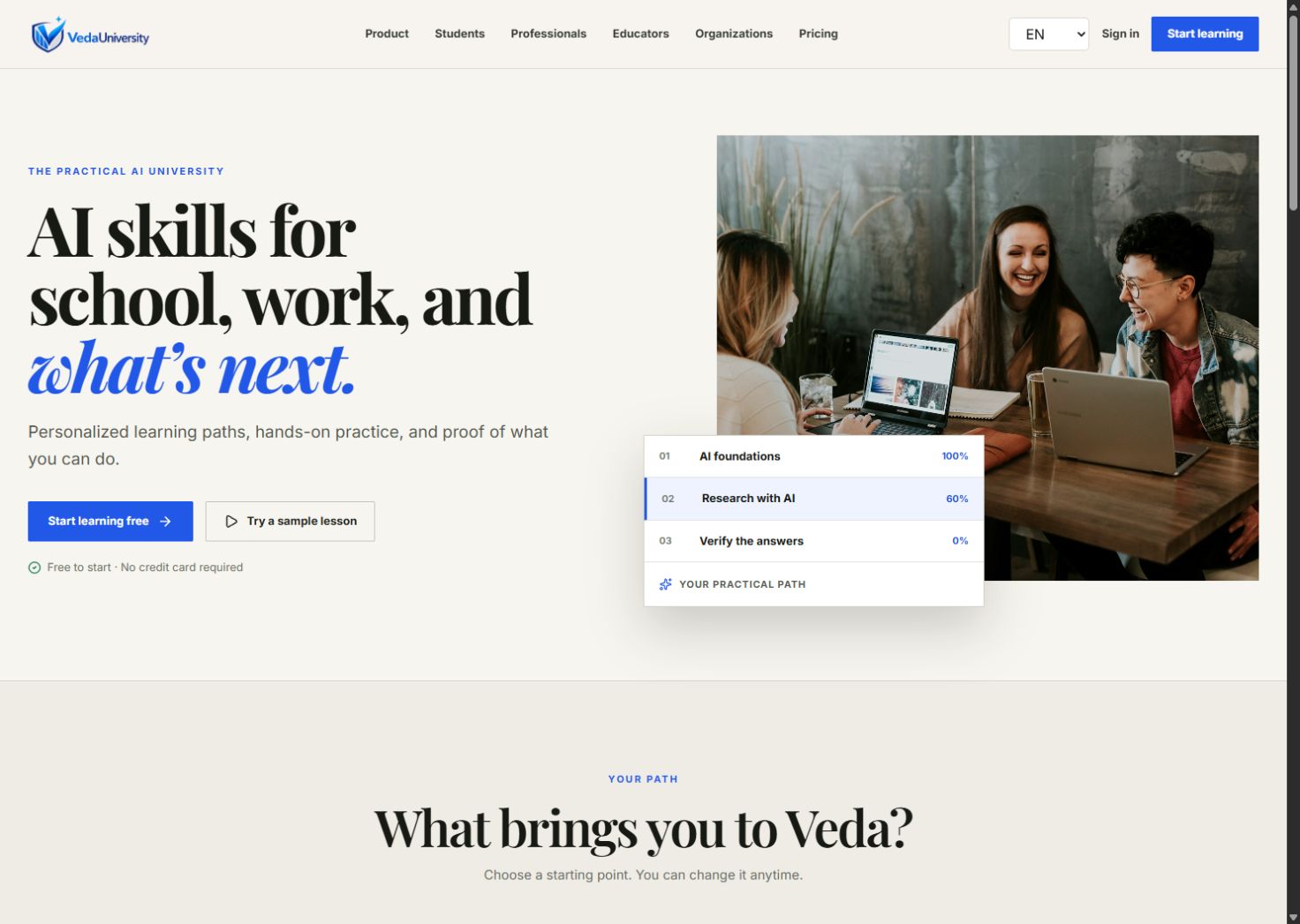 Published capture of the VedaUniversity AI learning platform landing